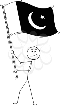 Cartoon drawing conceptual illustration of man waving the flag of Islamic Republic of Pakistan.