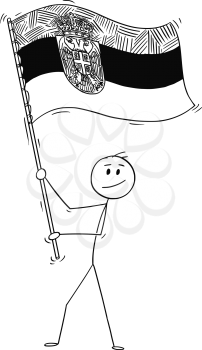 Cartoon drawing conceptual illustration of man waving the flag of Republic of Serbia.