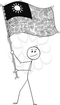 Cartoon drawing conceptual illustration of man waving the flag of Republic of China or Taiwan.