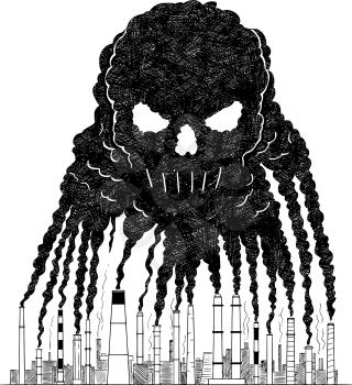 Vector artistic pen and ink drawing illustration of smoke coming from industry or factory smokestacks or chimneys creating human skull shape into air. Environmental concept of toxic and deadly air pollution.
