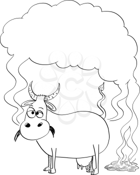 Vector artistic pen and ink black and white drawing illustration of cow producing methane or CH4. Environmental concept of air pollution and greenhouse gasses production. There is empty space for your text.