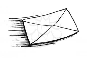 Black brush and ink artistic rough hand drawing of vast moving post mail envelope or letter, usable also as icon.