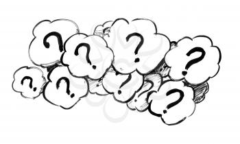 Black brush and ink artistic rough hand drawing of group of speech bubbles or text balloons with asking question marks.
