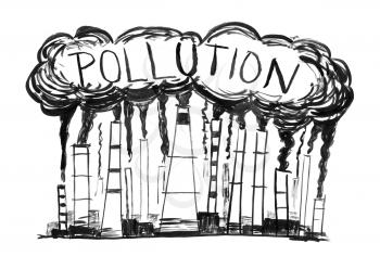 Black brush and ink artistic rough hand drawing of smoke coming from industry or factory smokestacks or chimneys into air. Environmental concept of air pollution.