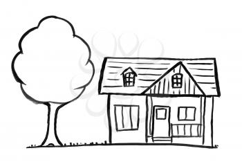Black brush and ink artistic rough hand drawing of small stand-alone single-family house with tree.