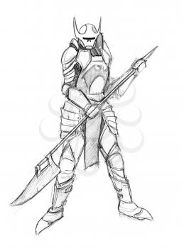 Black and white rough grunge pencil sketch of evil warrior knight. Concept art drawing.