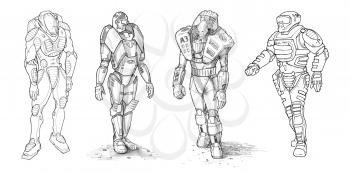 Set of black and white rough ink drawings of various characters in sci-fi futuristic spacesuit or battle, space or pressure suit.