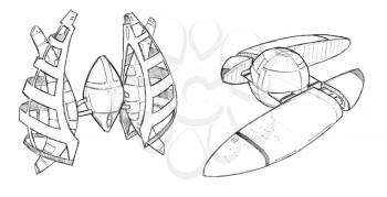 Black and white pencil concept art drawing of set of two futuristic or sci-fi spacestations or space stations.