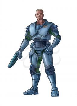 Concept art digital painting or illustration of science fiction futuristic military soldier character in armor holding pistol gun weapon.