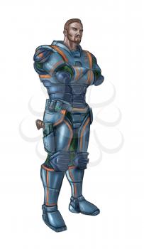 Concept art digital painting or illustration of science fiction futuristic military soldier character in armor and with pistol gun weapon.