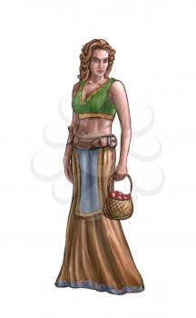 Concept art digital painting or illustration of fantasy beautiful young village woman or countrywoman or villager carrying small basket with fruit.