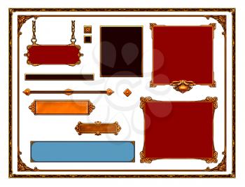 Painted set of user interface elements in classic computer game style - frames, windows and buttons in gold and red colors on white background.