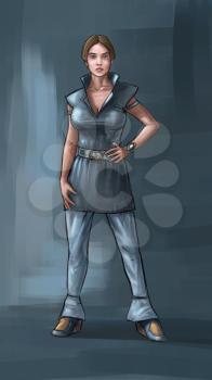 Concept art digital painting or illustration of beautiful woman character wearing science fiction futuristic design of clothing.