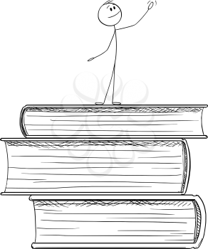 Vector cartoon stick figure drawing conceptual illustration of man standing on pile of big books and praising education and knowledge.