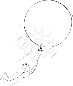 Vector cartoon stick figure drawing conceptual illustration of man or businessman holding balloon and flying free. Concept of dreams,creativity and freedom.