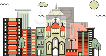 Modern street scenery in flat design style. Residential or business district with church