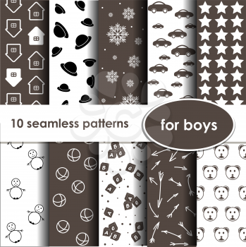 Set of 10 brown seamless patterns for boys.  Can be used for wallpaper, website background, textile printing