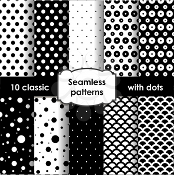Set of classic black seamless patterns with dots. EPS10