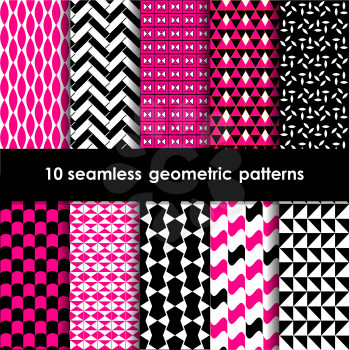 10 geometric seamless patterns set, black, pink and white vector backgrounds collection.