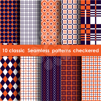 Set of 10 classic seamless checkered patterns. Whate, orange and blue colors