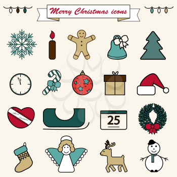 Set of flat colorful Christmas icons and decorations, new year isolated objects.