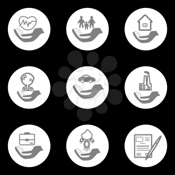 Set insurance pictograms in round shape - home, auto, health, life insurance, insurance luxury items, agricultural and business risk insurance, insurance package, insurance policy