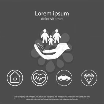 Insurance set- logo with hand and family, car insurance,real estate insurance, health insurance, house insurance, luxury insurance, template for booklet, brochure, web site etc.