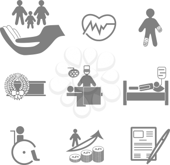 Life and healthy insurance flat icons collection in orange and grey colors