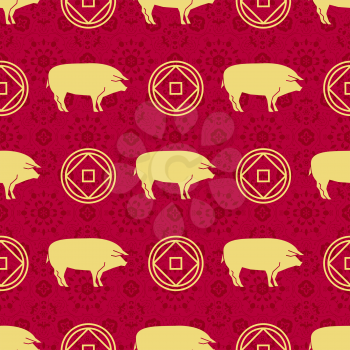 Happy Chinese New Year 2019 year of the pig. Seamless pattern with zodiac sign and chinese money for greetings card, flyers, invitation, posters, brochure, banners, calendar.