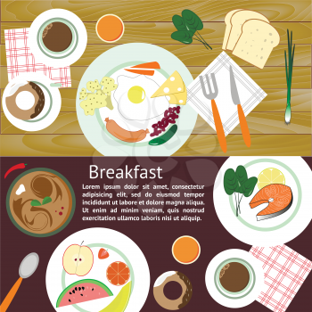 food in flat illustration style. Different dishes with space for text. Top view.