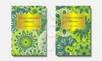 Greeting card design with mandala pattern. Abstract vector template. Indian, arabic, orient motifs in green and blue colors. Easy edit and use