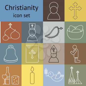 Jesus Christ religion icons set. Colorful christianity pictograms outline style