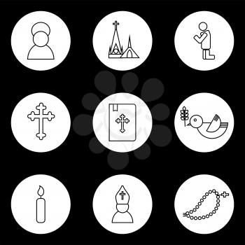 Jesus Christ religion icons set. Christianity pictograms outline style in circle shape