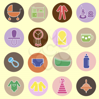 Colorful flat web icon set. Baby equpment, toys, feeding and care
