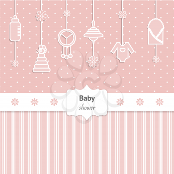Baby Shower Invitation for girl. Cute card with toys and baby cloth