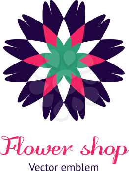Circular logo for boutique, flower shop, business, interior. Company mark, emblem, element. Simple geometric mandala logotype. Kaleidoscope big bud. Surround abstract blossom.