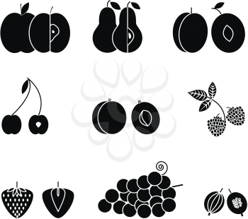 Fruit icons, flat design black isolated on white background. Set of traditional summer earopian fruits