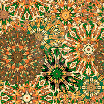 Vintage decorative pattern. Islam, Arabic, Indian, ottoman motifs. Perfect for printing on fabric or paper. Can be used for greeting card or booklet background. Brown, orange and green colors