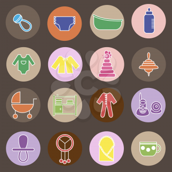 Colorful flat web icon set. Baby equpment, toys, feeding and care