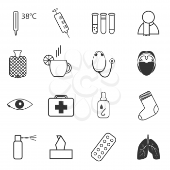 Set of simple medical icons about common cold and treatment