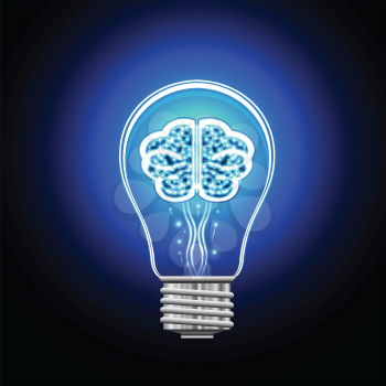 Brain with shining points in an electric bulb, concept of thinking and idea.