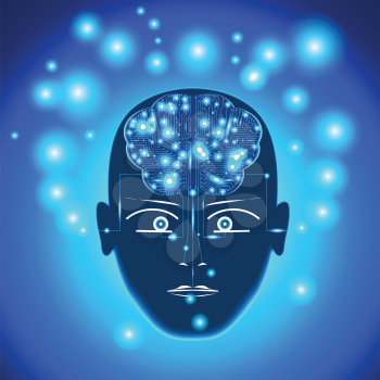 Head, circuit board in form of brain with glowing with dots thoughts. Concept thinking human, receiving of the information by the person through the sensory channels, of occurrence of thoughts. 