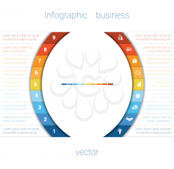 Vector Template Infographic Nine Position.  Colorful Semicircles and White Strips for Text Area. Business Area Chart Diagram Data.
