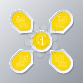 Chart cyclic process  Infographic yellow Points arranged in sun circle,  elements for diagram with 4 steps, options, parts, processes. Universal vector template for presentation and training.