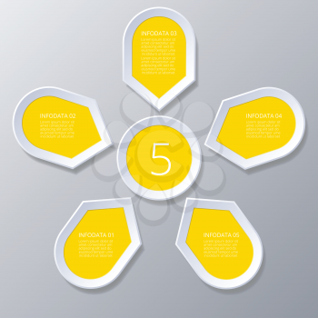 Chart cyclic process  Infographic yellow Points arranged in sun circle,  elements for diagram with 5 steps, options, parts, processes. Universal vector template for presentation and training.