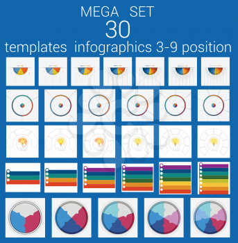 Mega set 30 vector templates, Infographics cyclic processes, text area for three, four, five, six, seven , eight, nine positions possible to use for work flow, banner, diagram, web design, timeline. 