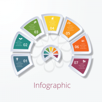 Template infographic, semicircle diagram with seven multicolored elements around center. Business strategy. 