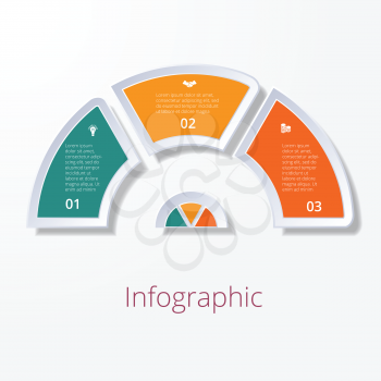 Template infographic, semicircle diagram with three multicolored elements around center. Business strategy. 