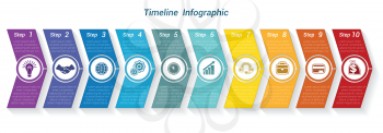  Template Timeline Infographic from colour arrows numbered for 10 position can be used for workflow, banner, diagram, web design, area chart