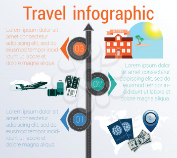 Tourism and travel concept infographic. Template 3 positions. Motorway, passports, visa stamp, card, point, syringe, medical set, dollars,suitcase, tickets, jet, hotel, island, palm, sea, sun, sky